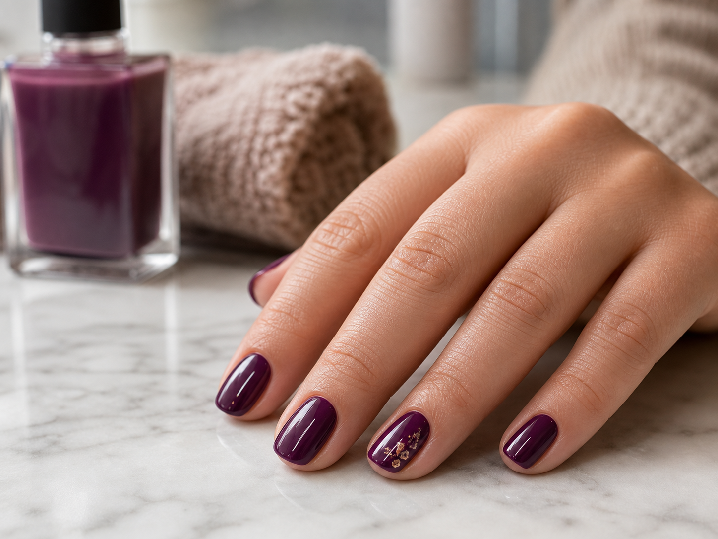 Finished glossy grape manicure with subtle gold nail art in a premium nail bar