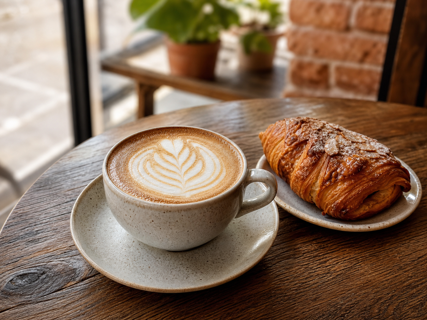 Cappuccino with latte art and a fresh pastry on a local cafe table